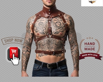 Handmade Leather Harness Vest: Gothic Steampunk Studded High Collar