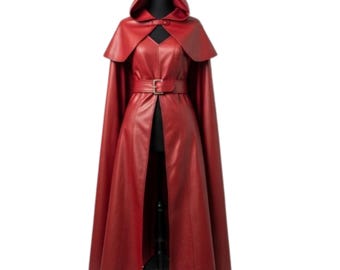 Leather Red Riding Hood Cape, Gothic Vampire Queen Cloak, Medieval Fantasy Costume, Hooded Robe, LARP Cosplay, Ren Faire Cape