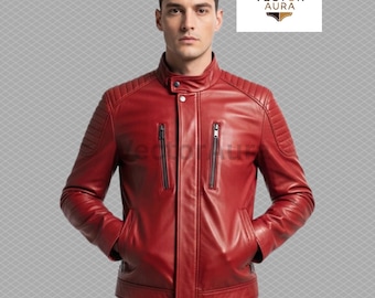 Handmade Red Leather Biker Jacket – Men’s Quilted Motorcycle Jacket