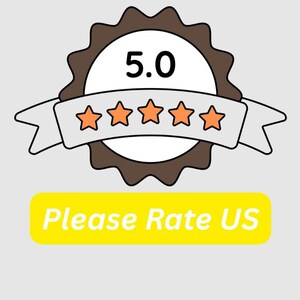 Puede incluir: Gr&aacute;fico de estilo caricatura con una insignia marr&oacute;n, un c&iacute;rculo blanco con el n&uacute;mero 5.0 y una pancarta con cinco estrellas naranjas. Debajo hay un rect&aacute;ngulo amarillo con el texto "Please Rate US".