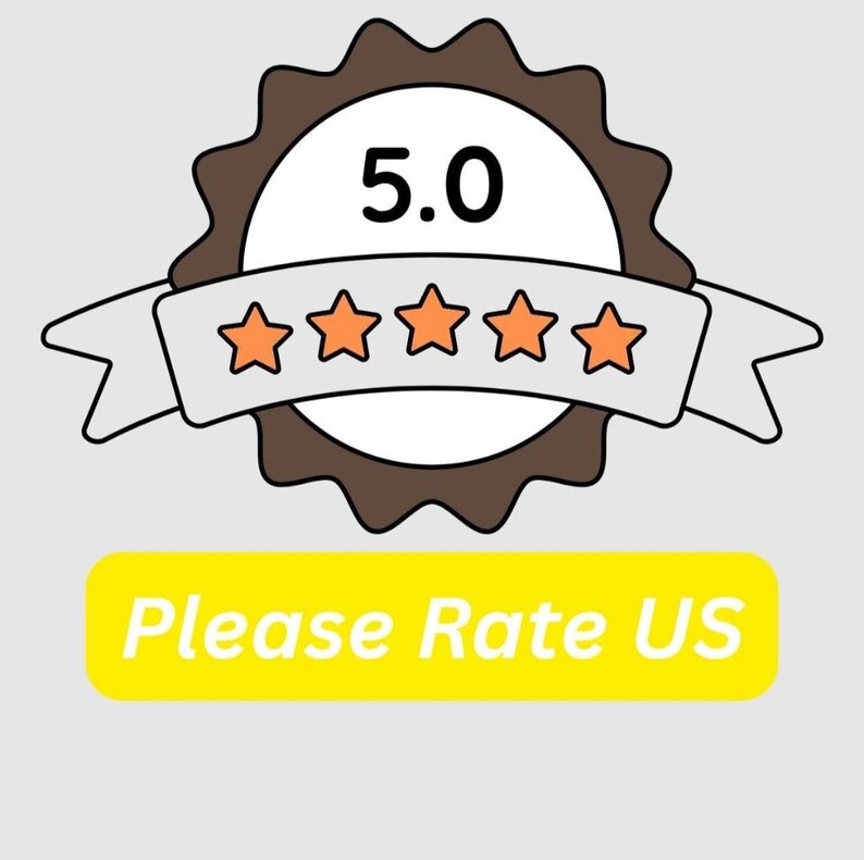 Puede incluir: Gr&aacute;fico de estilo caricatura con una insignia marr&oacute;n, un c&iacute;rculo blanco con el n&uacute;mero 5.0 y una pancarta con cinco estrellas naranjas. Debajo hay un rect&aacute;ngulo amarillo con el texto "Please Rate US".