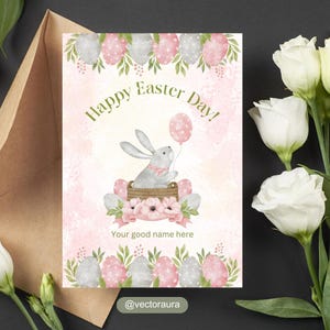 Happy Easter greeting card, Printable Easter card, Bunny in Bucket Easter Card, Digital Download pdf Easter card template, Easter DIY card