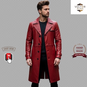 Red Leather Trench Coat for Men-Double-Breasted Red Leather Jacket-Belted Red Leather Long Coat-Stylish Red Leather Overcoat