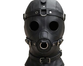 Genuine Leather Hood Mask, Gothic Roleplay Headpiece, Buckled Straps, Halloween Costume Apparel