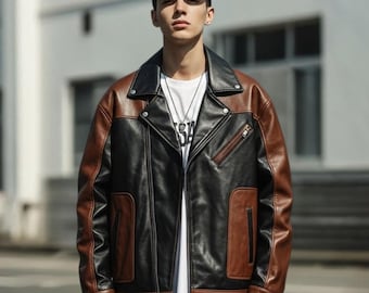 Handmade Two Tone Leather Biker Jacket | Men's Streetwear Coat