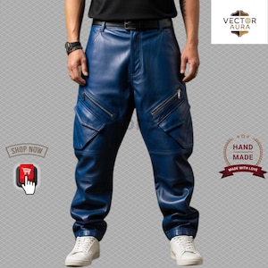 Men’s Blue Leather Cargo Pants-Stylish Blue Leather Utility Pants-Modern Leather Streetwear Trousers-High-Quality Blue Leather Pants