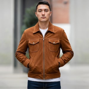 Handgefertigte braune Wildlederjacke - Reißverschluss, klassischer Stil