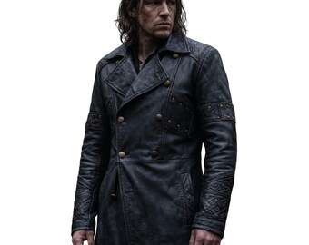 Men's Handmade Distressed Leather Trench Coat – Double Breasted Black Jacket