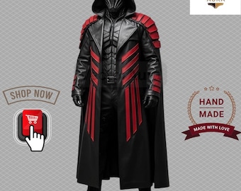 Handmade Black Leather Gothic Trench Coat: High-Collar Cosplay Overcoat