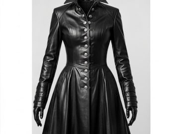 Black Leather Long Coat Women Gothic Victorian Handmade Jacket