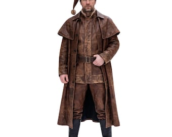 Brown Leather Medieval Coat for Men - Viking Trench Coat - Gothic Leather Jacket for halloeen