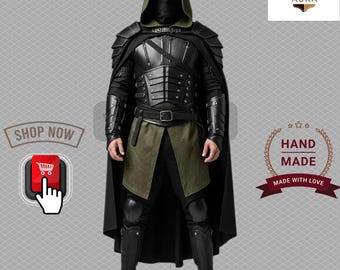 Handmade Leather Knight Costume: Gothic Armor Set with Hooded Cape