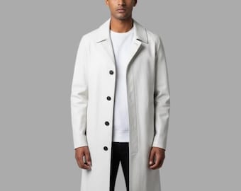 Handmade Genuine Real White Leather Trench Coat for Men - Modern Design - Gift for Him