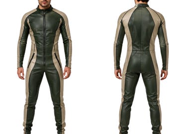 Men's Faux Leather Color Block Jumpsuit – Slim Fit Biker Racing Bodysuit-Men's Premium Green & Beige Faux Leather