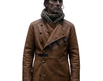 Men's Brown Leather Peacoat, Double Breasted Asymmetrical Military Style Jacket