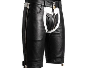 Men's Leather Shorts - Handmade Husband Wear - Black and White Short Bottom Pants