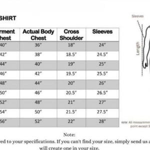 Puede incluir: Una tabla de tallas para chaquetas, abrigos y camisas, con medidas en pulgadas. Incluye contorno de pecho de la prenda, contorno de pecho real, ancho de hombros y largo de mangas. Un diagrama ilustra d&oacute;nde medir. Texto: "Nuestros productos se adaptan a sus especificaciones."