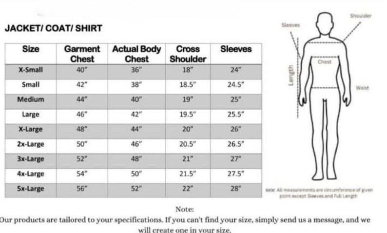 Puede incluir: Una tabla de tallas para chaquetas, abrigos y camisas, con medidas en pulgadas. Incluye contorno de pecho de la prenda, contorno de pecho real, ancho de hombros y largo de mangas. Un diagrama ilustra d&oacute;nde medir. Texto: "Nuestros productos se adaptan a sus especificaciones."