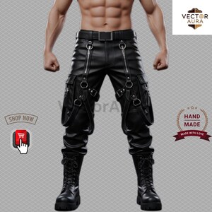 Men&#39;s Black Leather Cargo Pants: Gothic Punk Style with Straps