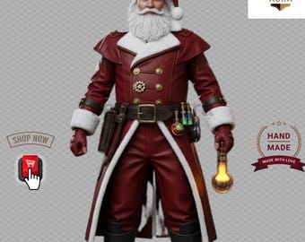 Steampunk Santa Red Leather Coat: Cosplay Utility Belt, Brass Details