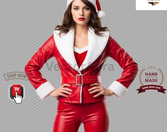 Disfraz de señora Claus de cuero rojo hecho a mano - Conjunto de cosplay festivo de lujo