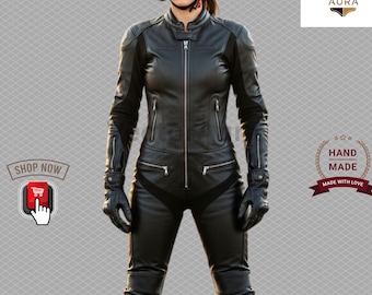 Women's Black Leather Motorcycle Suit: Jacket & Pants Set - Cosplay Ready