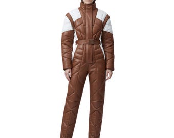 Genuine Leather Quilted Jumpsuit - Women's Belted Leather Snowsui - Brown Winter One Piece Outfit