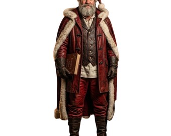 Genuine Red Leather Santa Claus Costume Set, Vintage Fur-Trimmed Outfit