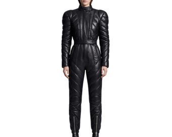 Genuine Leather Catsuit for Women - Quilted Black Jumpsuit - Belted Leather Bodysuit - Designer Moto Outfit