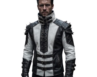 Handcrafted Men's Gothic Spiked Leather Jacket - Two-Tone Armored Cosplay & Biker Gear