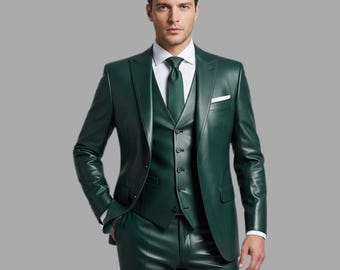 Handmade Genuine Green Leather Blazer & Trouser Set – Bold Festive Style