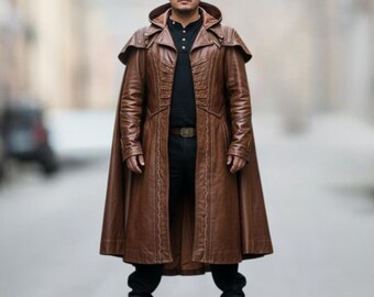 Men’s Brown Hooded Leather Cloak | Handmade Medieval Long Leather Coat Cape