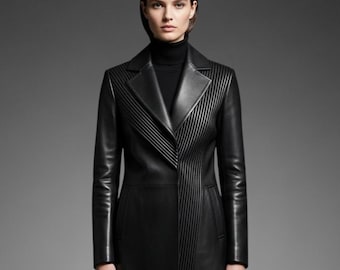 Abrigo largo de piel auténtica para mujer / Traje de moda de piel negra hecho a mano