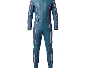 Handgefertigter Motorradanzug aus Leder, blauer Einteiler, Vintage-Biker-Lederoverall