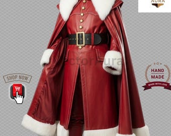 Luxury Red Leather Santa Suit: Handcrafted Fur Trim Cape & Coat