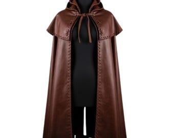 Brown Leather Hooded Cloak – Handmade Medieval Fantasy Cape for Cosplay