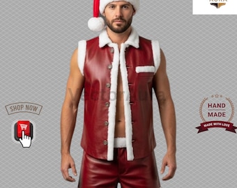 Red Leather Santa Suit: Vest, Shorts & Hat - Holiday Cosplay Costume