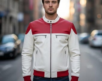 White & Red Genuine Leather Jacket – Handmade Two-Tone Streetwear for Men and Women