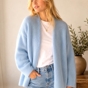 Handmade Morning Fog Mohair Cardigan, Knitting Pattern Oversized Soft Cozy Casual Blue Sweater PDF