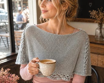 Poncho in morbido cotone biologico lavorato a maglia, mantellina leggera fatta a mano in stile boho, regalo per donna, naturale