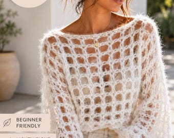 Crochet Mesh Sweater Pattern PDF, Fluffy Oversized Pullover, White Crochet Top, Boho Sheer Blouse