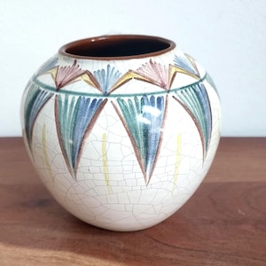 Vintage Vase Keramik mit Craquelé Glasur  Handbemalt im Art Deco Stil Bunte Dekovase 2 Boho Retro Wohnaccessoire