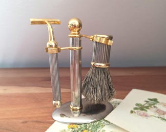 Art Deco shaving set, razor, shaving brush, stand, blade, 1970s/1980s, gold/silver, vintage Art Deco shaving set, razor