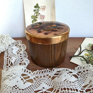 Vintage teak enamel box, mid-century modern teak box with enamel lid and cork lid, jewelry box