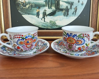 Polish Tea Set 2 SETS 1988 Janina Porcelain Cepelia Style – Folk Art Cup Saucer Poland Opole Nysa Flowers