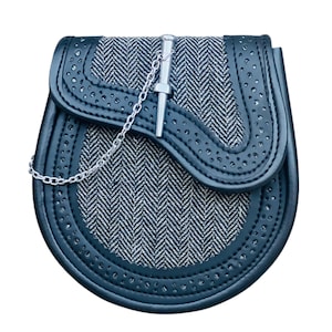 Traditional Scottish Grey Tweed Sporran Pin Lock Black Leather Sporran With Chain & Straps