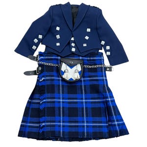 Scottish Navy Blue Jacket Kids Traditional Outfit Includes Baby Navy Blue Prince Charlie + Baby Kilt + Baby Sporran Available in 50+ Tartans