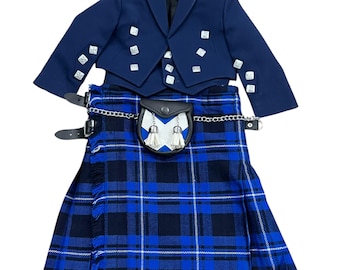Scottish Navy Blue Jacket Kids Traditional Outfit Includes Baby Navy Blue Prince Charlie + Baby Kilt + Baby Sporran Available in 50+ Tartans