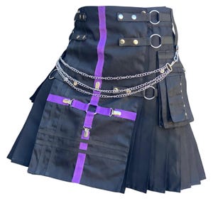 Scottish Black Gothic Style Kilt Highland Cotton Kilt Handmade Utility Pocket Kilt Scottish Wedding Kilt With Purple Anwar For Men&#39;s