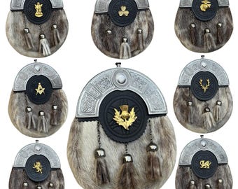 Men's Traditional Scottish Gold Badge Sporran Antique Kilt Sporran Highland Celtic Plate 3 Tassels Sporran Available in 8 Deferent Badges